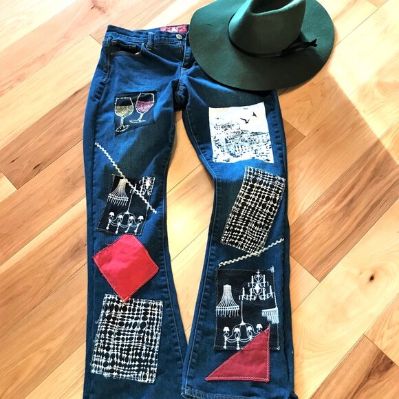 Upcycled Patchwork Jeans, Size 6 Lucky Brand: Wineglass Cityscape Design - Picture 8 of 11